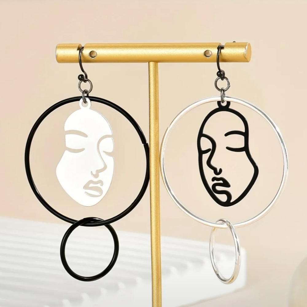 NWT! Creative Face Design Carved Black White Two-Color Classic Style Earrings